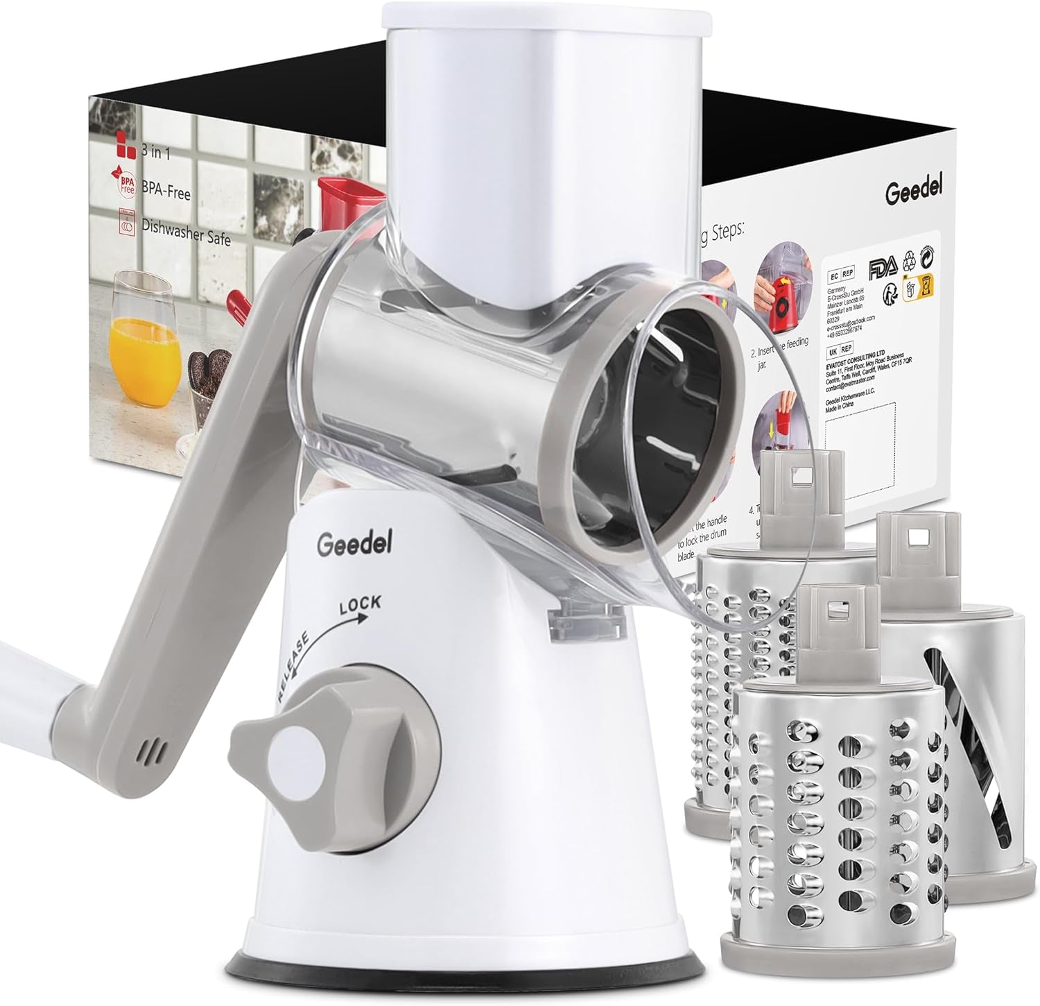 Rotary Cheese Grater, Kitchen Mandoline Vegetable Slicer with 3 Interchangeable Blades, Easy to Clean Rotary Grater Slicer for Fruit, Vegetables, Nuts