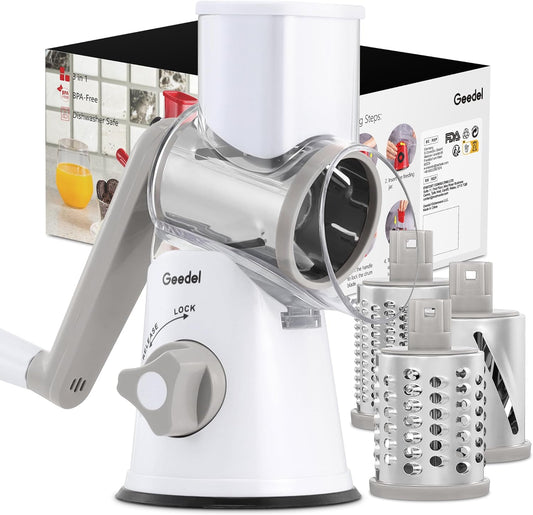 Rotary Cheese Grater, Kitchen Mandoline Vegetable Slicer with 3 Interchangeable Blades, Easy to Clean Rotary Grater Slicer for Fruit, Vegetables, Nuts