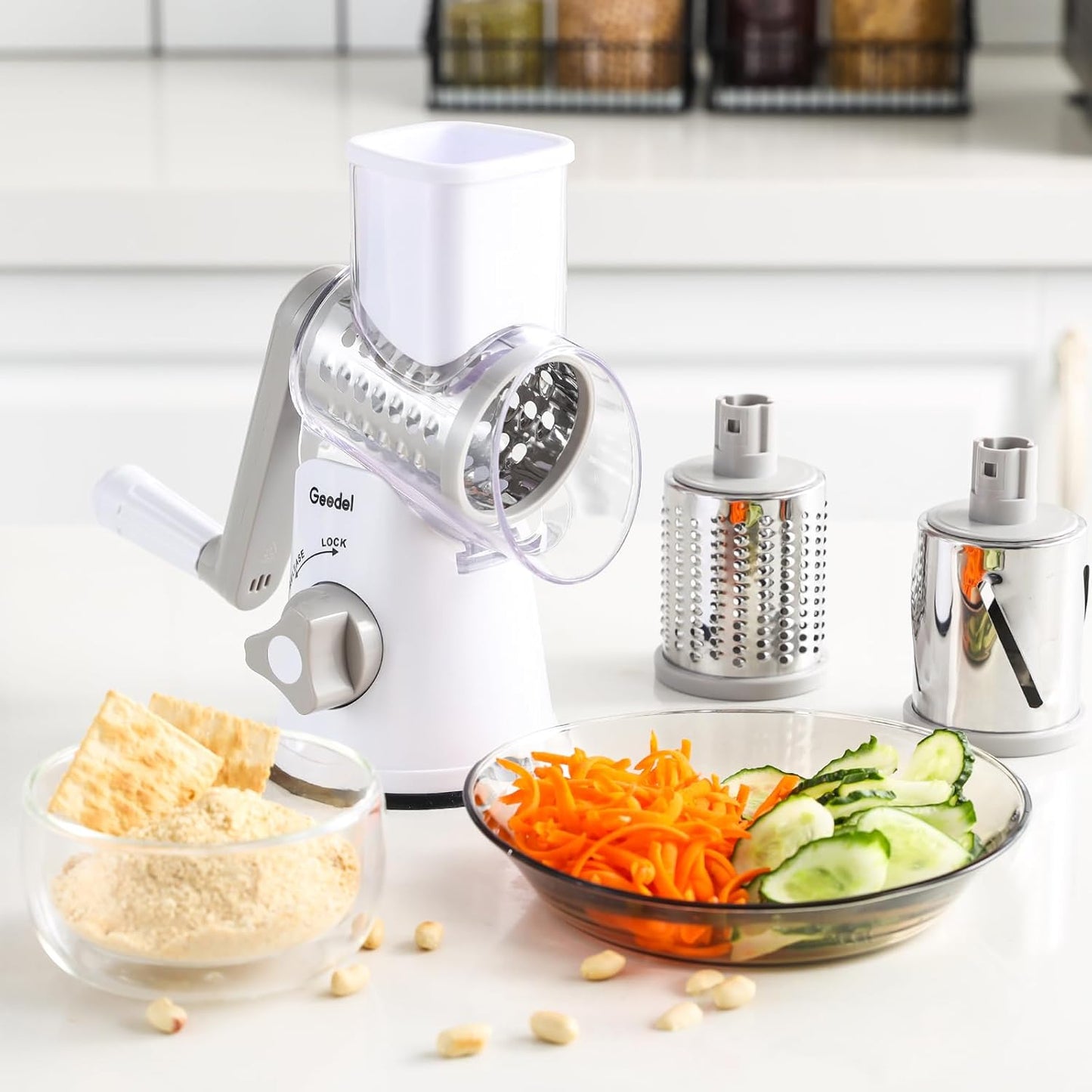 Rotary Cheese Grater, Kitchen Mandoline Vegetable Slicer with 3 Interchangeable Blades, Easy to Clean Rotary Grater Slicer for Fruit, Vegetables, Nuts
