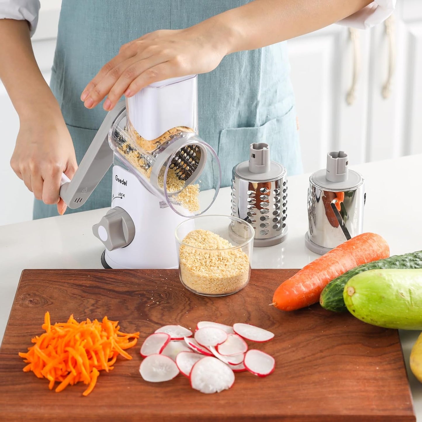 Rotary Cheese Grater, Kitchen Mandoline Vegetable Slicer with 3 Interchangeable Blades, Easy to Clean Rotary Grater Slicer for Fruit, Vegetables, Nuts