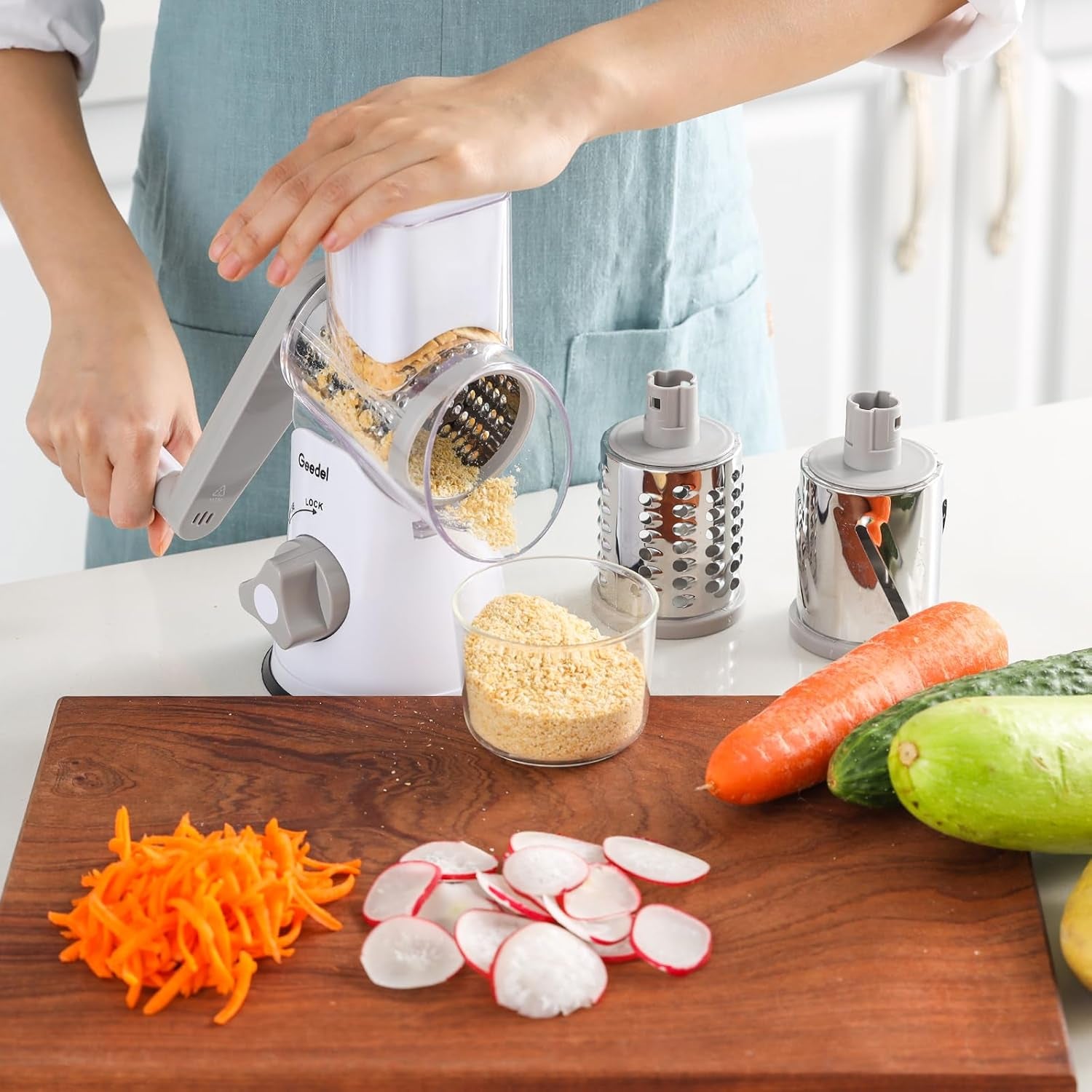 Rotary Cheese Grater, Kitchen Mandoline Vegetable Slicer with 3 Interchangeable Blades, Easy to Clean Rotary Grater Slicer for Fruit, Vegetables, Nuts