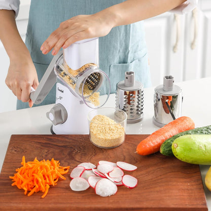 Rotary Cheese Grater, Kitchen Mandoline Vegetable Slicer with 3 Interchangeable Blades, Easy to Clean Rotary Grater Slicer for Fruit, Vegetables, Nuts