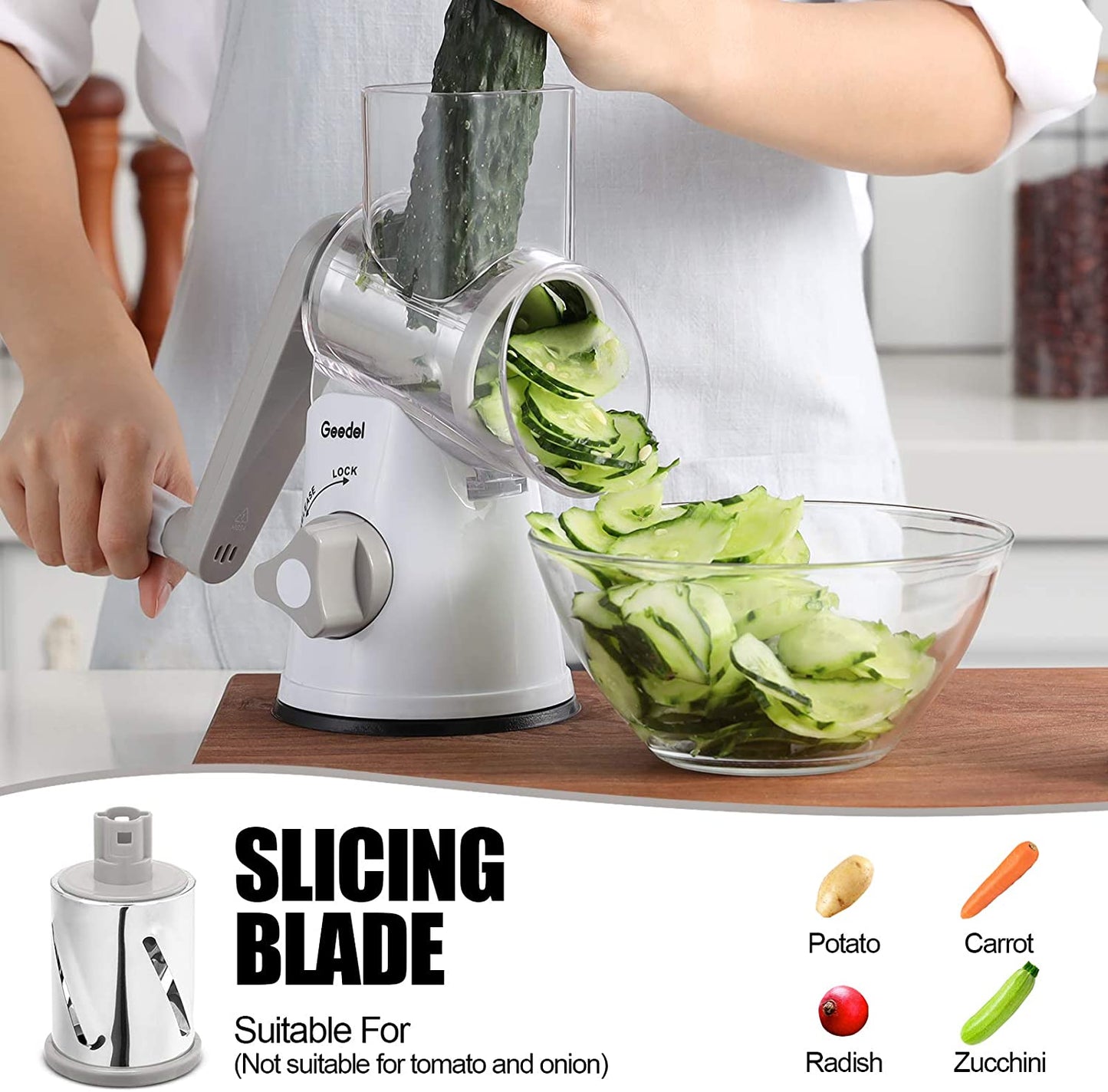 Rotary Cheese Grater, Kitchen Mandoline Vegetable Slicer with 3 Interchangeable Blades, Easy to Clean Rotary Grater Slicer for Fruit, Vegetables, Nuts
