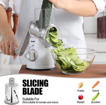 Rotary Cheese Grater, Kitchen Mandoline Vegetable Slicer with 3 Interchangeable Blades, Easy to Clean Rotary Grater Slicer for Fruit, Vegetables, Nuts