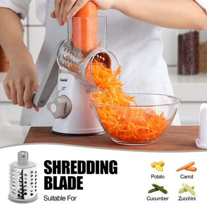 Rotary Cheese Grater, Kitchen Mandoline Vegetable Slicer with 3 Interchangeable Blades, Easy to Clean Rotary Grater Slicer for Fruit, Vegetables, Nuts