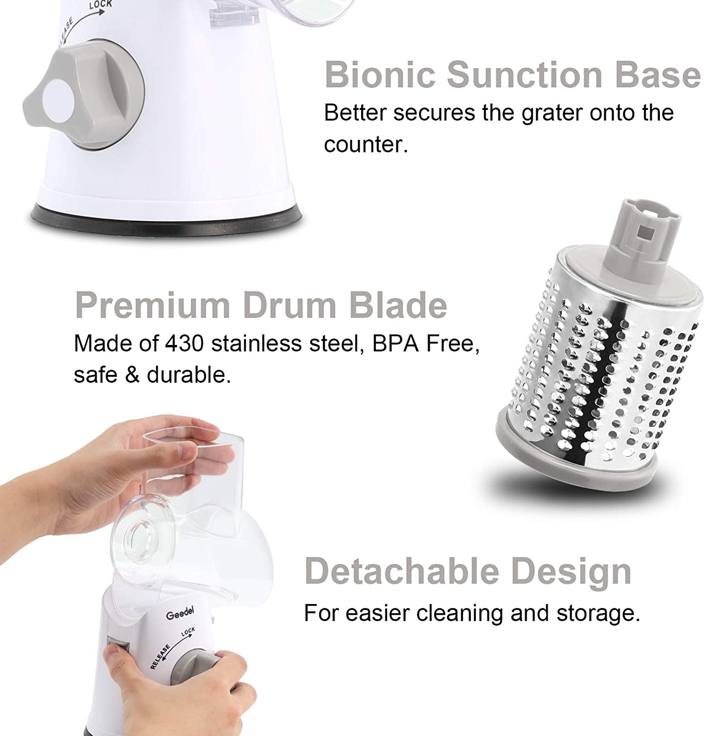 Rotary Cheese Grater, Kitchen Mandoline Vegetable Slicer with 3 Interchangeable Blades, Easy to Clean Rotary Grater Slicer for Fruit, Vegetables, Nuts