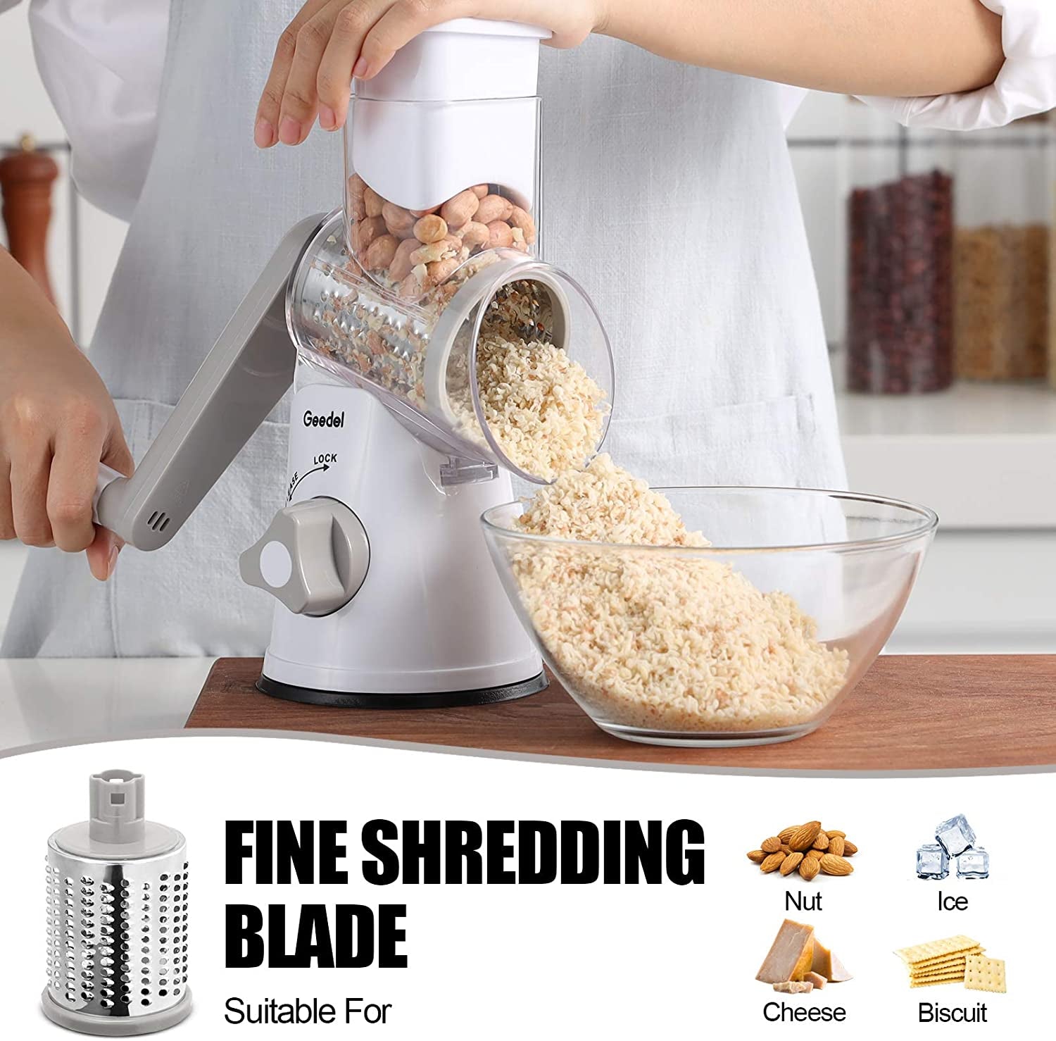 Rotary Cheese Grater, Kitchen Mandoline Vegetable Slicer with 3 Interchangeable Blades, Easy to Clean Rotary Grater Slicer for Fruit, Vegetables, Nuts